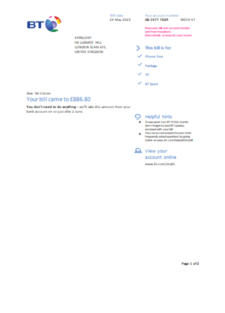 BT utility business bill, page 1 SCR PSD template